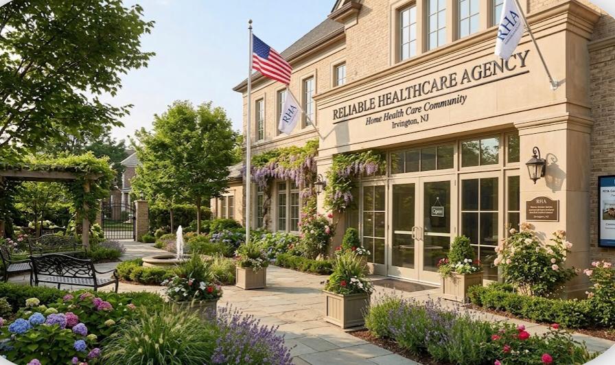 Exterior of Reliable Healthcare Agency in Irvington, New Jersey, with a landscaped garden.